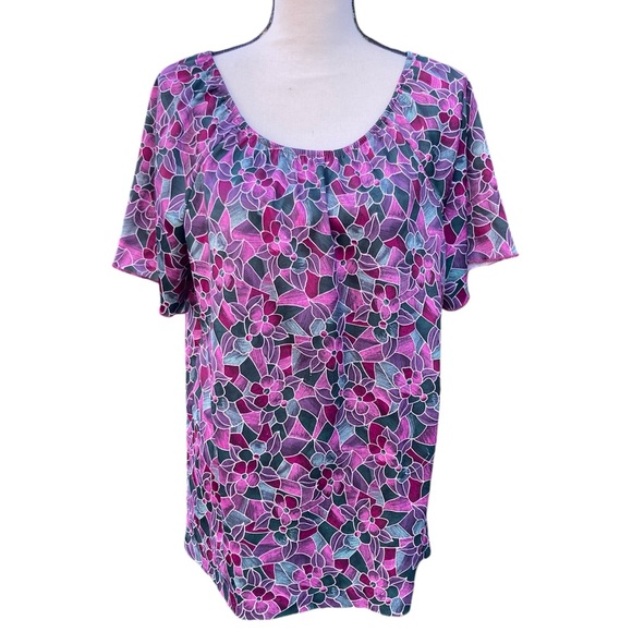 Vintage 70s-80s Purple Green Floral Flutter Sleeve Blouse Stained Glass L - Picture 3 of 7